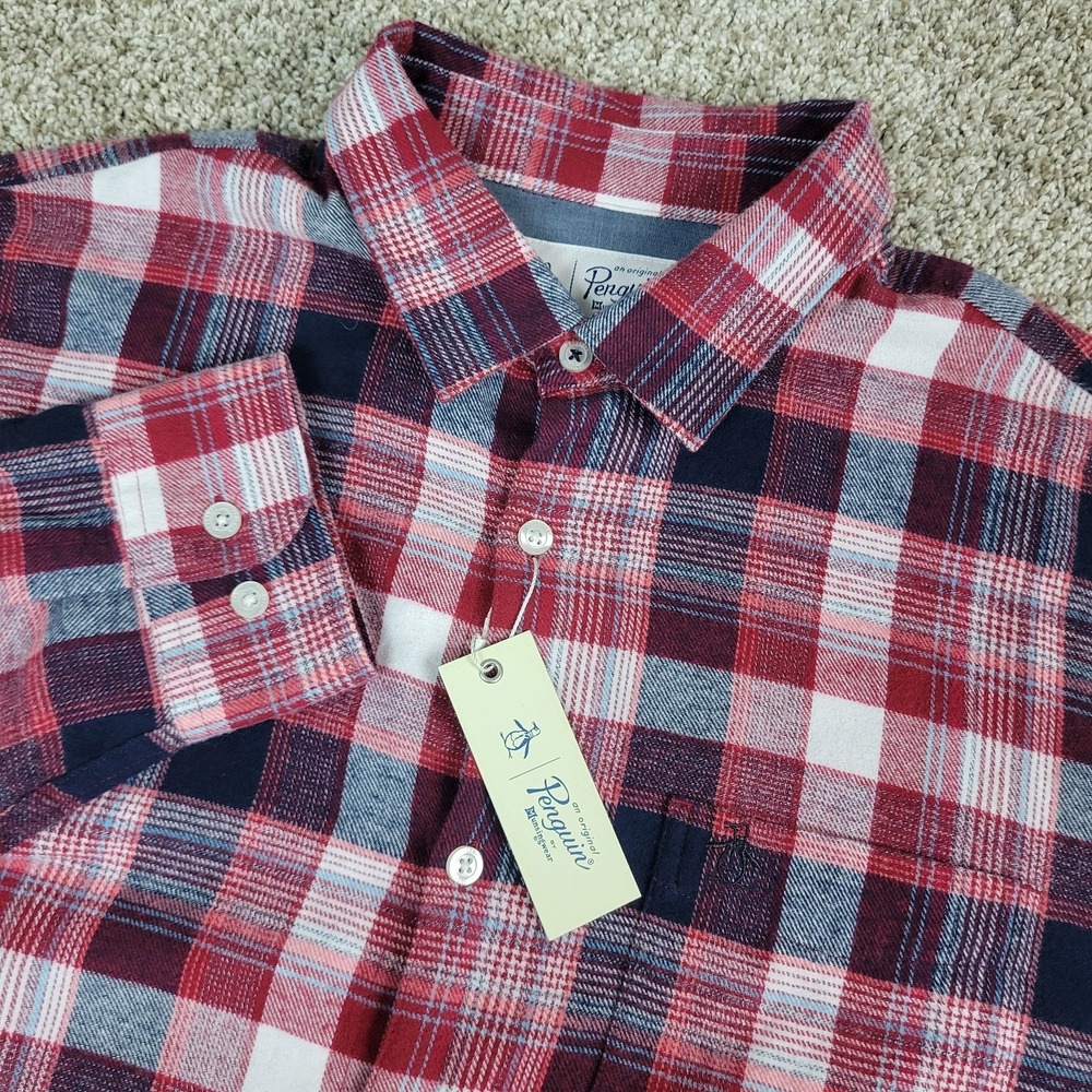 NWT Penguin By Munsingwear Mens Large‎ Red White Blue Plaid Button Up LS Flannel
